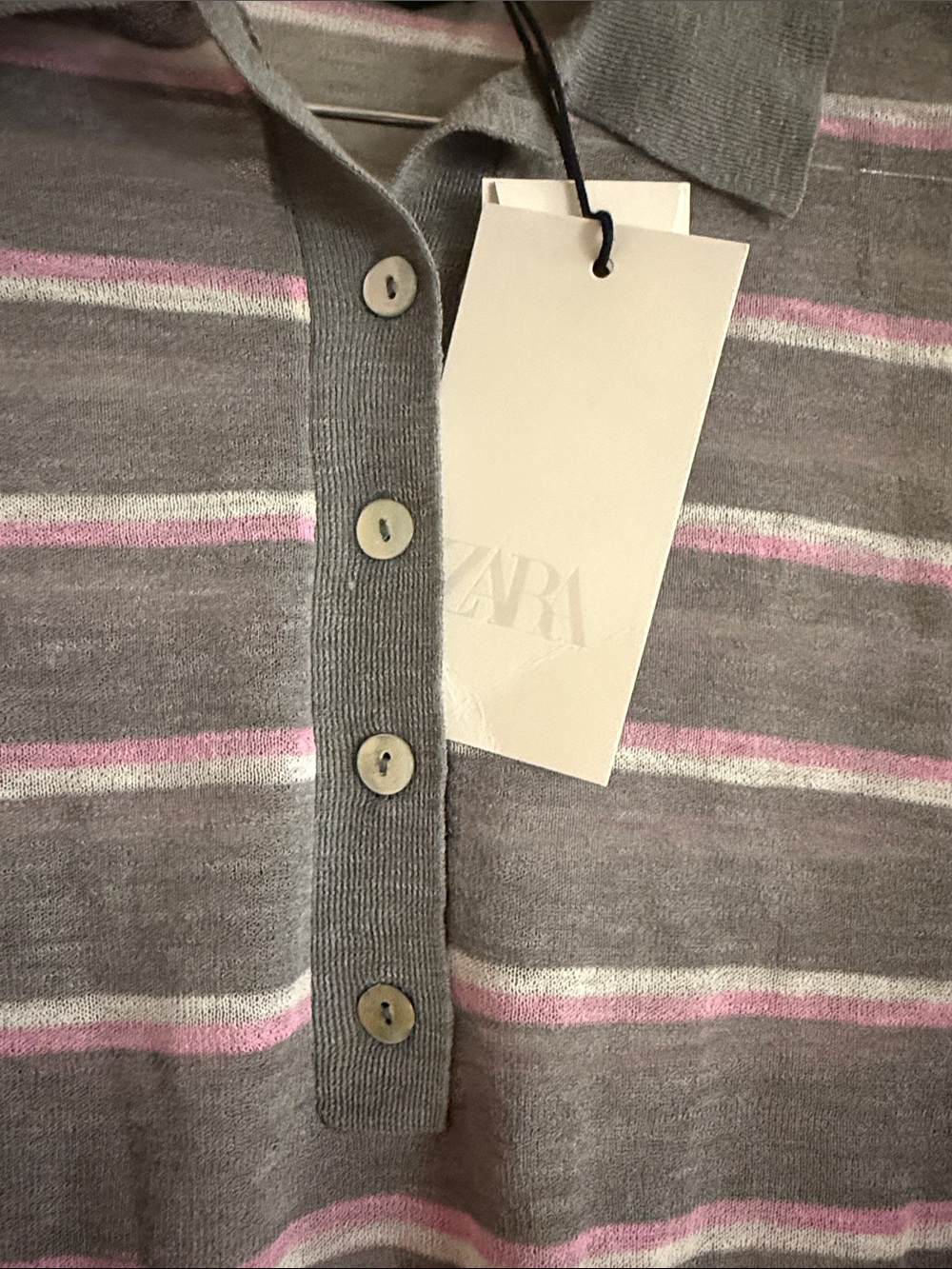 Zara Wool Lightweight Knit Gray & Pink Stripe Polo Sweater - Picture 2 of 9